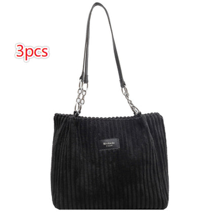 Retro Large Capacity Shoulder Bag Casual Simple Portable Shopper Tote Bag Corduroy Solid Commuter Zipper Women'S Handbag