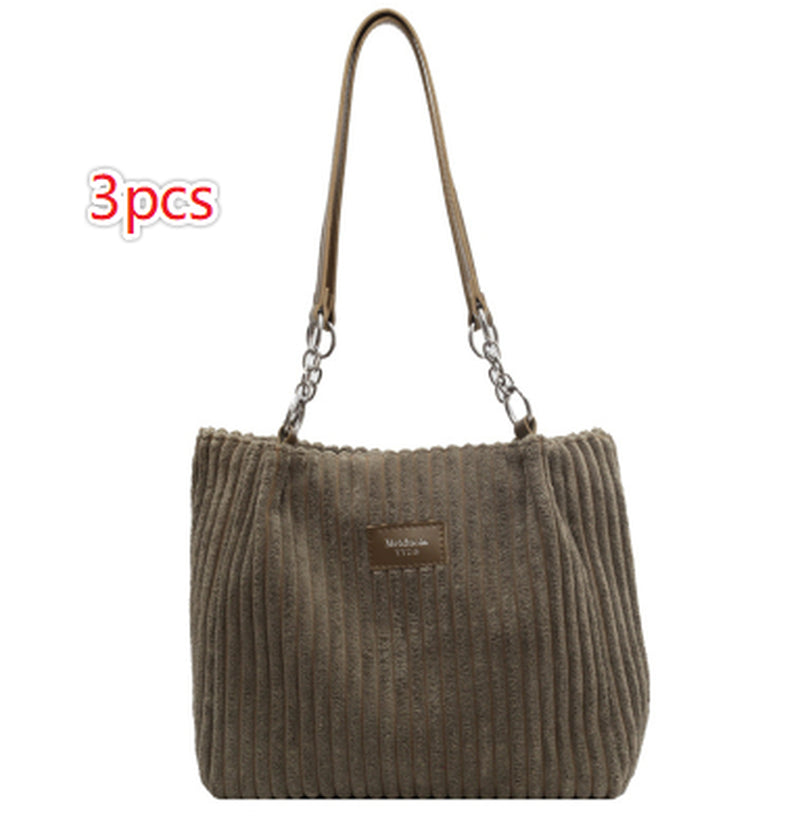 Retro Large Capacity Shoulder Bag Casual Simple Portable Shopper Tote Bag Corduroy Solid Commuter Zipper Women'S Handbag