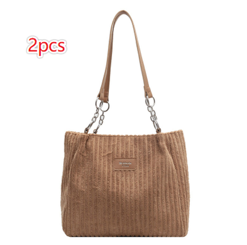 Retro Large Capacity Shoulder Bag Casual Simple Portable Shopper Tote Bag Corduroy Solid Commuter Zipper Women'S Handbag