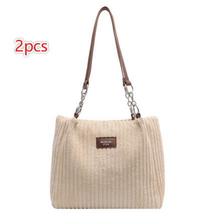 Retro Large Capacity Shoulder Bag Casual Simple Portable Shopper Tote Bag Corduroy Solid Commuter Zipper Women'S Handbag