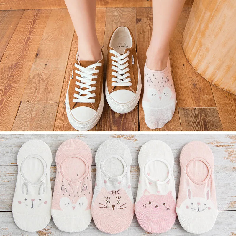 10 Pieces = 5 Pairs Korea Summer Socks Women Cartoon Animal Bear Mouse Socks Cute Funny Invisible Cotton Ankle Socks Size 35-41