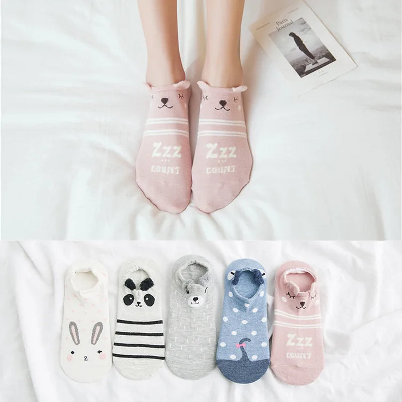 10 Pieces = 5 Pairs Korea Summer Socks Women Cartoon Animal Bear Mouse Socks Cute Funny Invisible Cotton Ankle Socks Size 35-41