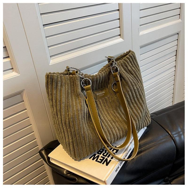 Retro Large Capacity Shoulder Bag Casual Simple Portable Shopper Tote Bag Corduroy Solid Commuter Zipper Women'S Handbag