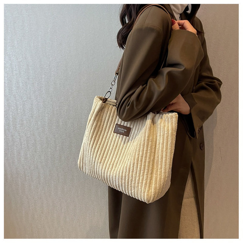 Retro Large Capacity Shoulder Bag Casual Simple Portable Shopper Tote Bag Corduroy Solid Commuter Zipper Women'S Handbag