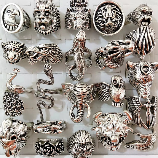 25Pcs/Lot Animals Rocker Biker Man Ring Dragon Snake Elephant Owl Big Men Ring Party Gift Wholesale Mixed