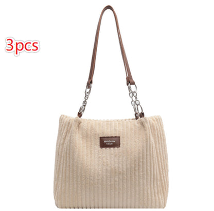 Retro Large Capacity Shoulder Bag Casual Simple Portable Shopper Tote Bag Corduroy Solid Commuter Zipper Women'S Handbag