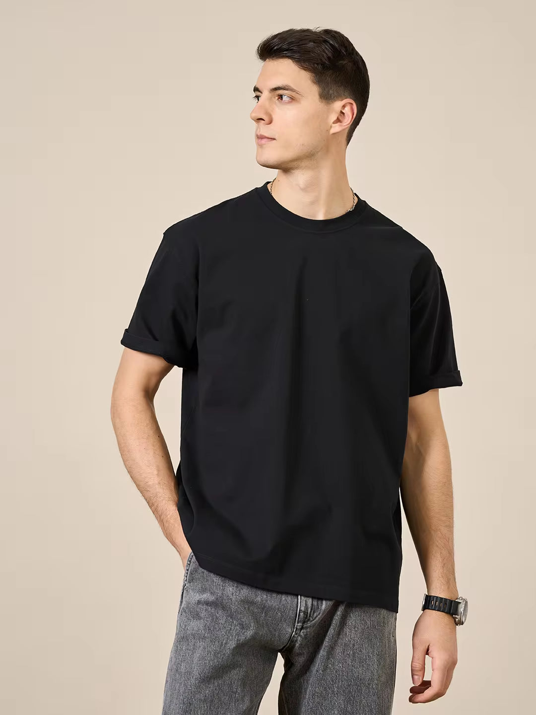 2024 Summer New 250G 100% Cotton Fabric T-Shirt Men High Quality Solid Color Drop Sleeve Loose Tshirts Oversize Tops