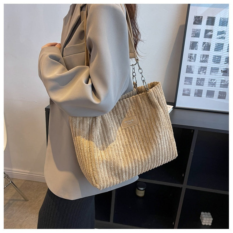 Retro Large Capacity Shoulder Bag Casual Simple Portable Shopper Tote Bag Corduroy Solid Commuter Zipper Women'S Handbag