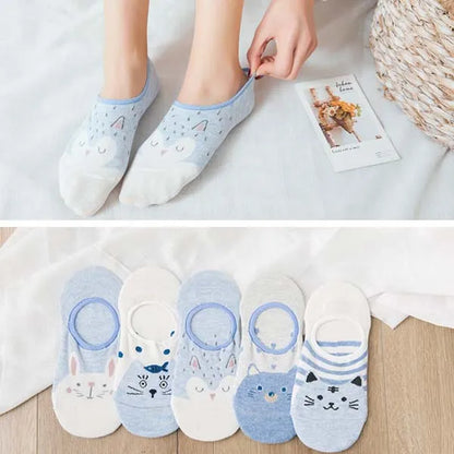 10 Pieces = 5 Pairs Korea Summer Socks Women Cartoon Animal Bear Mouse Socks Cute Funny Invisible Cotton Ankle Socks Size 35-41